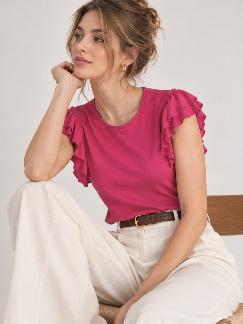 Hot Pink Ruffle Sleeve Top L Romantic Coquette Feminine Flutter Sleeve Blouse